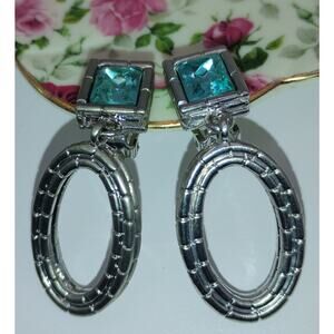 Vintage Givenchy Silver Tone Teal Rhinestone Drop Clip-On Earrings